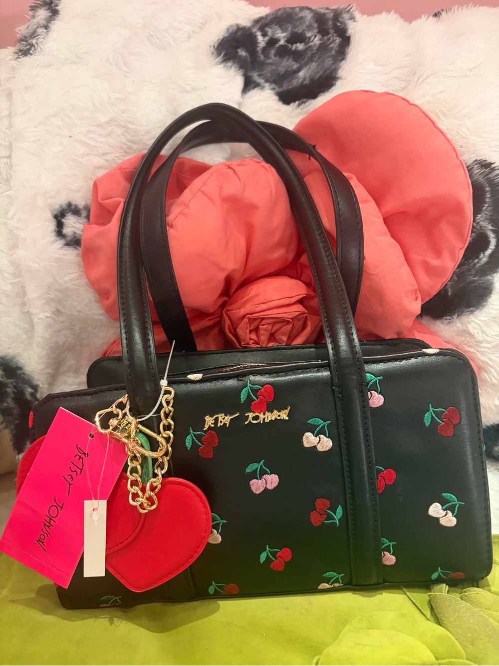 Betsey Johnson Black Satchel with Red & Pink Cherry Embroidery - Picture 3 of 7